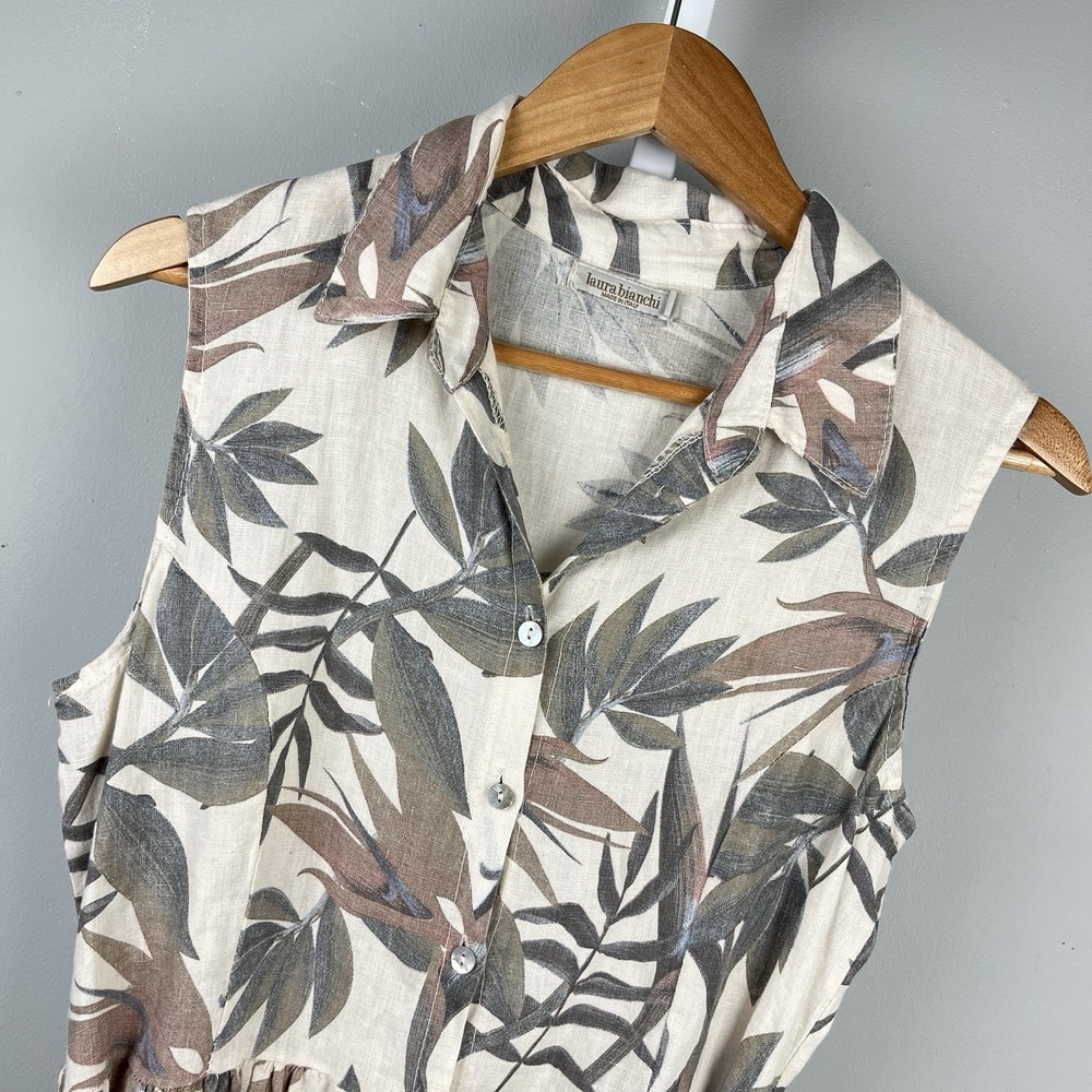 Laura Bianchi Italy Linen Shirt Dress Womens S Tan Beige Leaf Print Belted